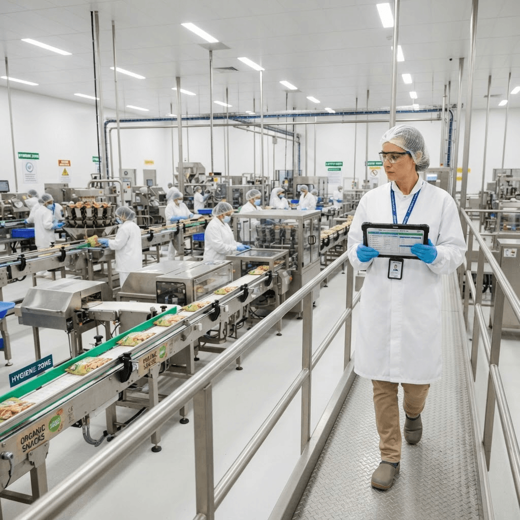 Quality inspector reviewing a modern food production line