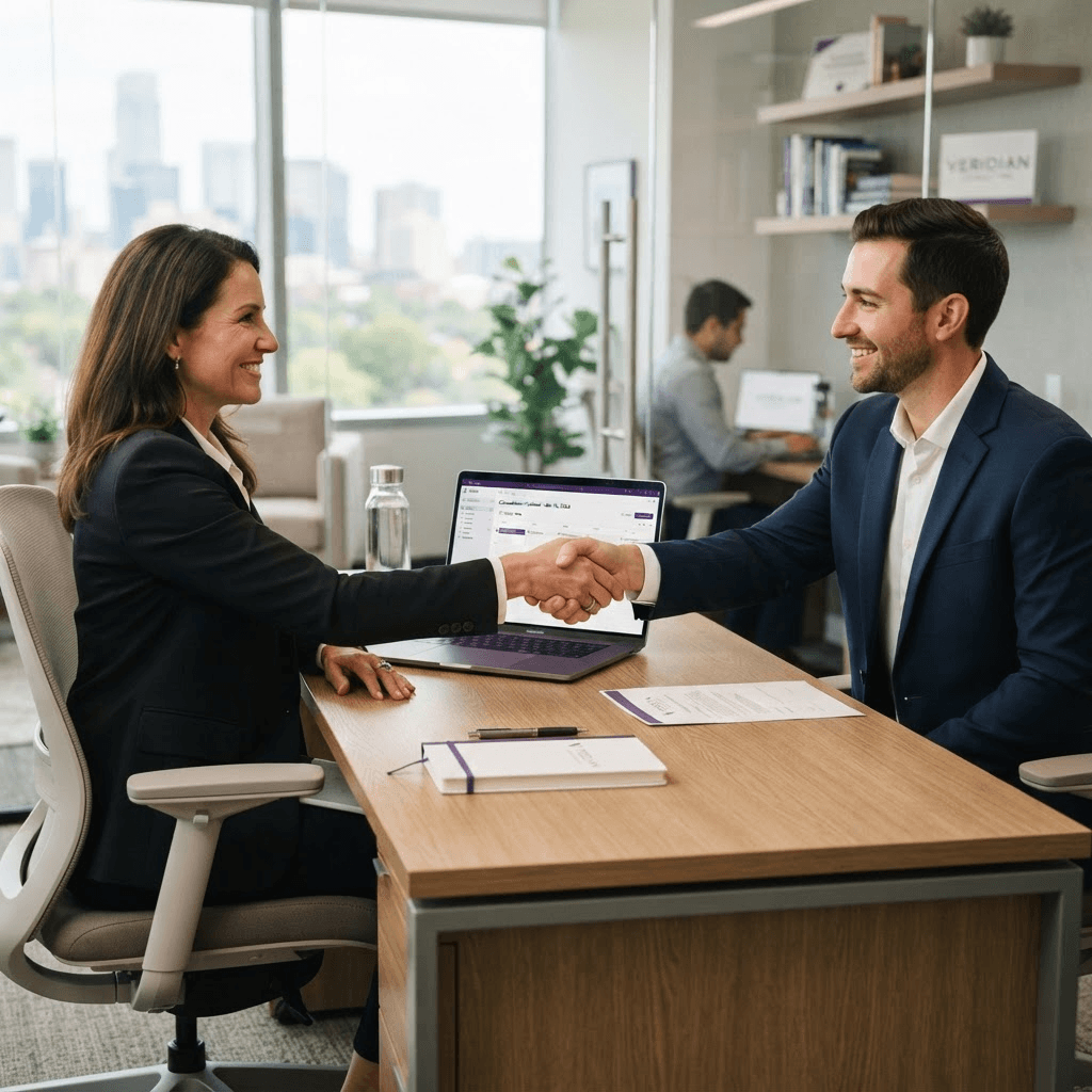 Certification specialist meeting a client to schedule a consultation